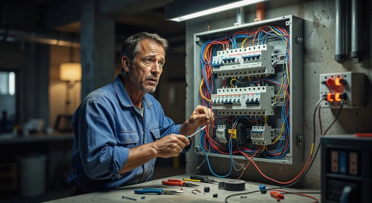 Amateur en électricité inspectant un tableau électrique moderne avec des outils éparpillés autour de lui
