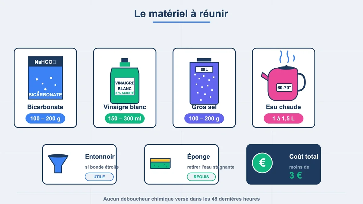 Disposition schématique des ingrédients et outils pour déboucher une canalisation