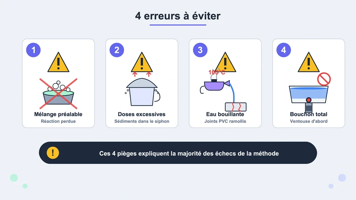 Icônes illustrant des erreurs d'utilisation du bicarbonate et vinaigre pour déboucher une canalisation avec symboles ...