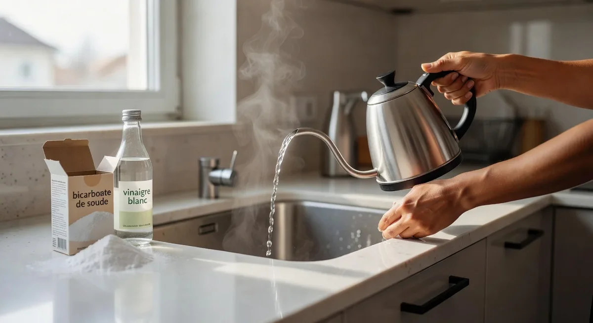 Personne versant de l'eau bouillante dans un évier avec bicarbonate de soude et vinaigre blanc sur le plan de travail