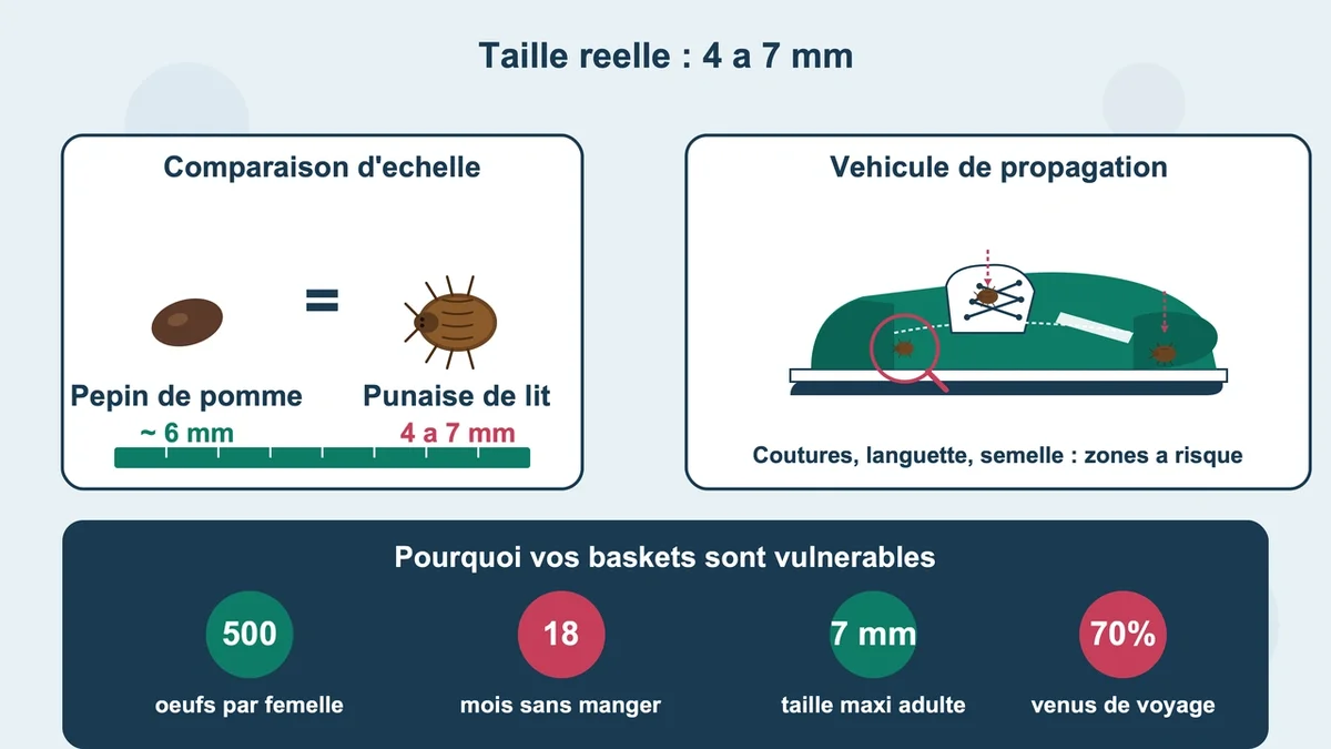 Punaises de lit adultes à l'échelle d'un pépin de pomme sur une chaussure stylisée