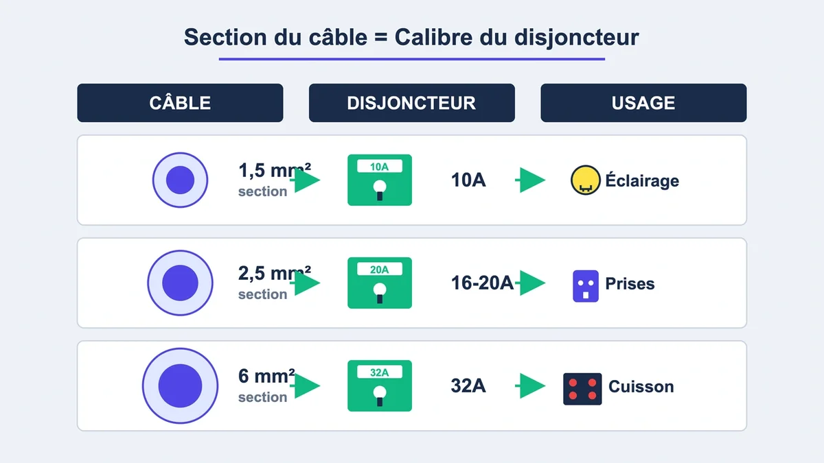 Diagramme montrant la correspondance entre les sections de câbles et les calibres de disjoncteurs