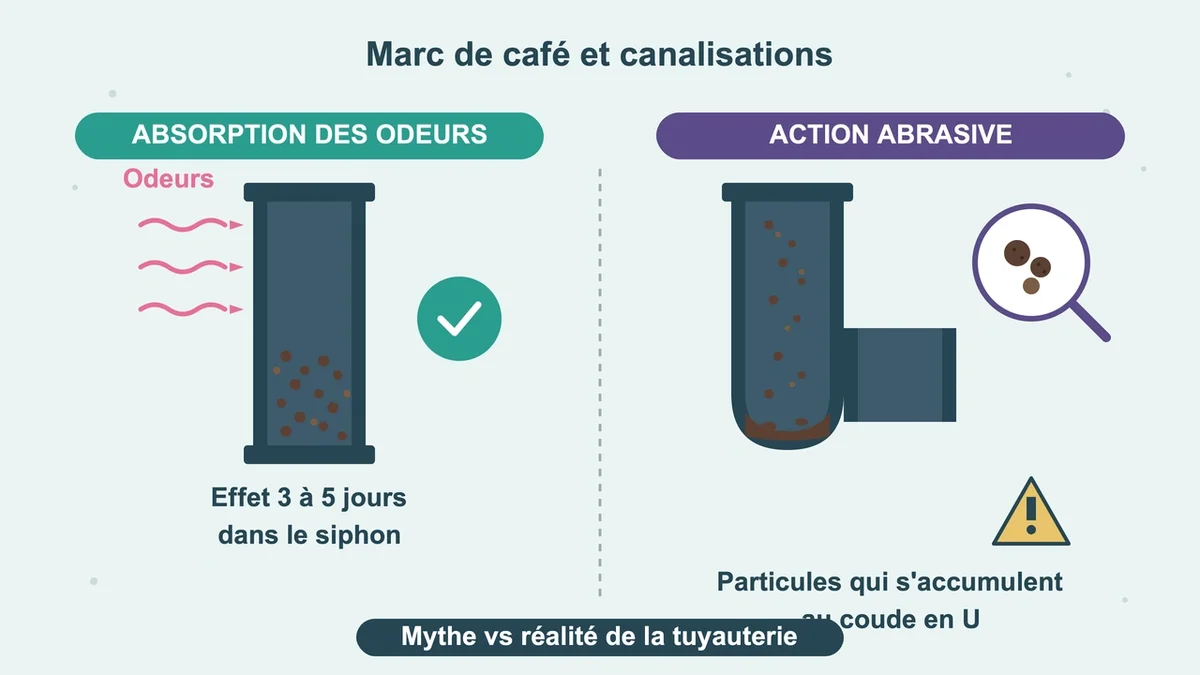 Concepts abstraits illustrant l'absorption des odeurs et l'action abrasive du marc de café pour les canalisations