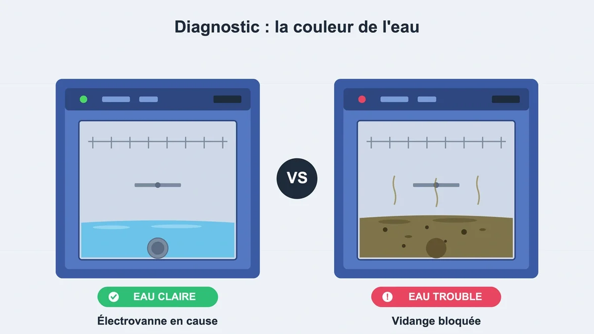 Comparaison de deux cuves de lave-vaisselle, l'une avec eau claire et l'autre troublée, pour diagnostic initial