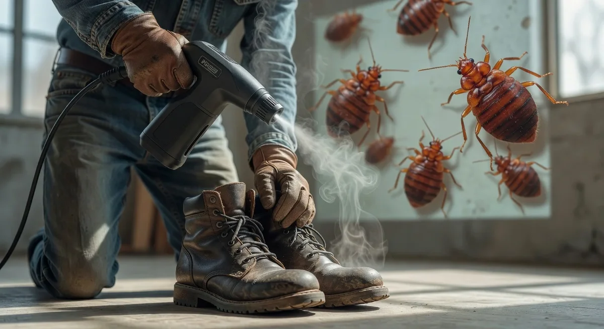 Personne nettoyant des chaussures avec un appareil à vapeur, punaises de lit en arrière-plan pour la décontamination