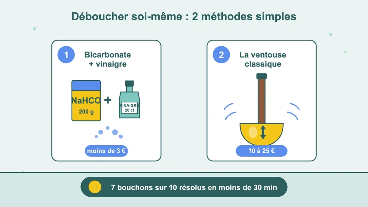 Bicarbonate de soude et ventouse posés sur un sol de salle de bain pour déboucher un WC