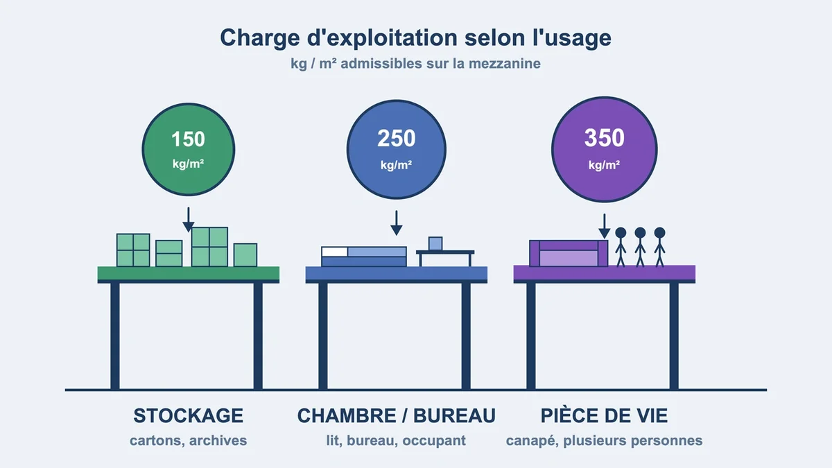 Schémas illustrant les différents usages d'une mezzanine avec les charges d'exploitation associées
