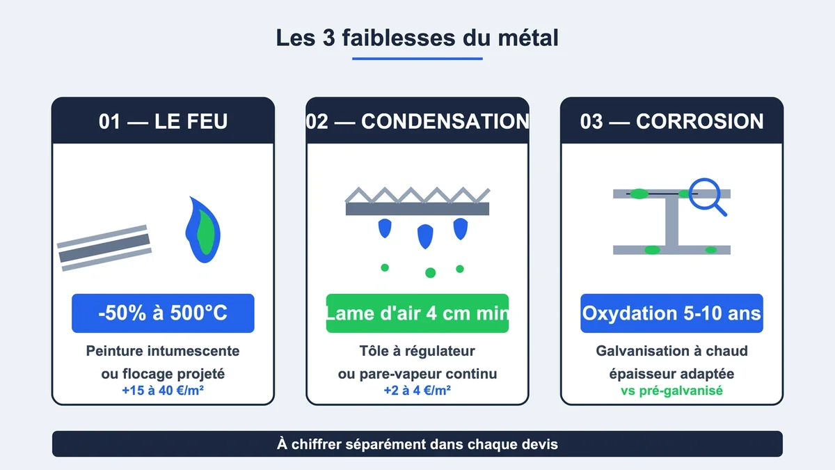 Pictogrammes représentant les faiblesses de la construction métallique : feu, condensation et corrosion