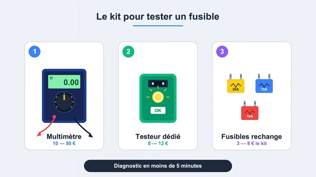 Pictogrammes illustrant un multimètre, un testeur de fusible et un fusible de rechange sur fond clair