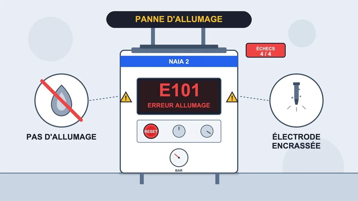 Chaudière affichant le code E101 sur son écran, illustrant un problème d'allumage