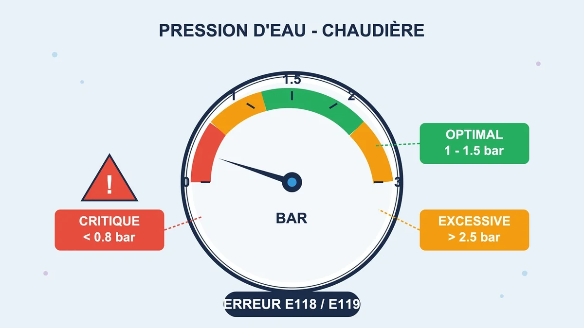 Manomètre de chaudière affichant une pression d'eau critique avec des zones rouge et orange visibles
