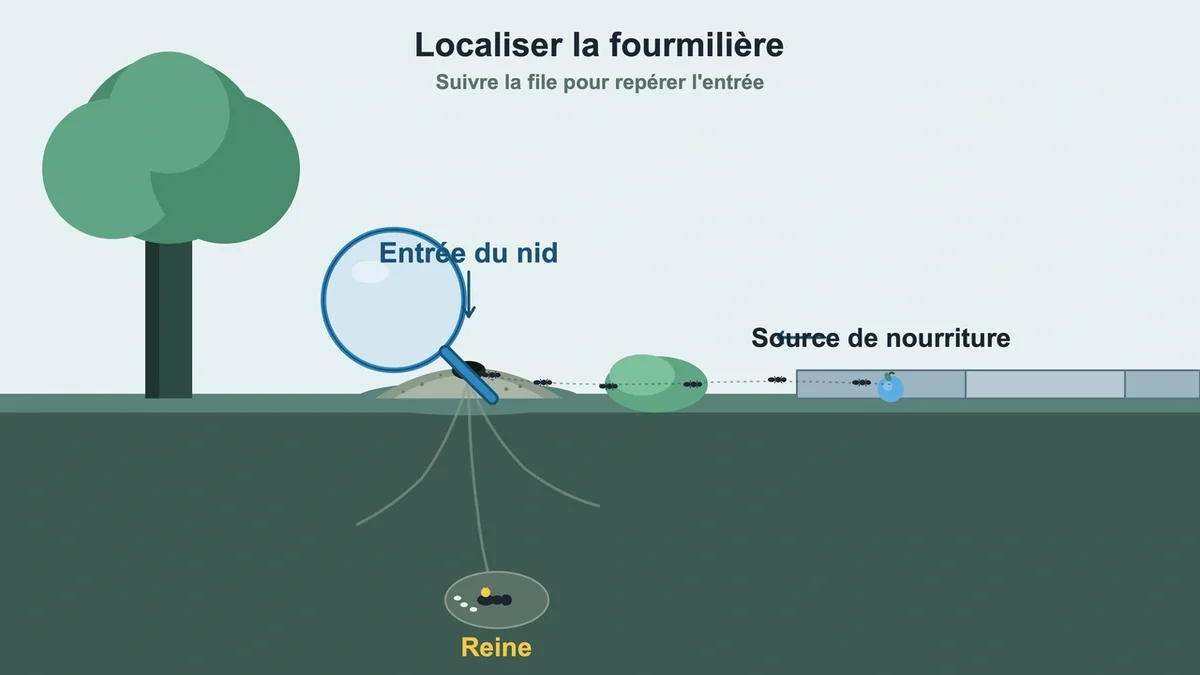 Observation des fourmis se dirigeant vers leur nid avec un tas de terre fine et des arbres environnants