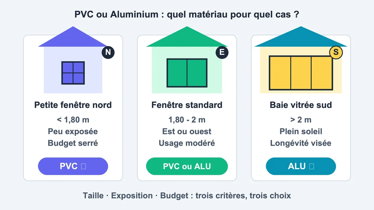 Schéma comparatif des avantages du PVC et de l'aluminium selon divers critères de choix