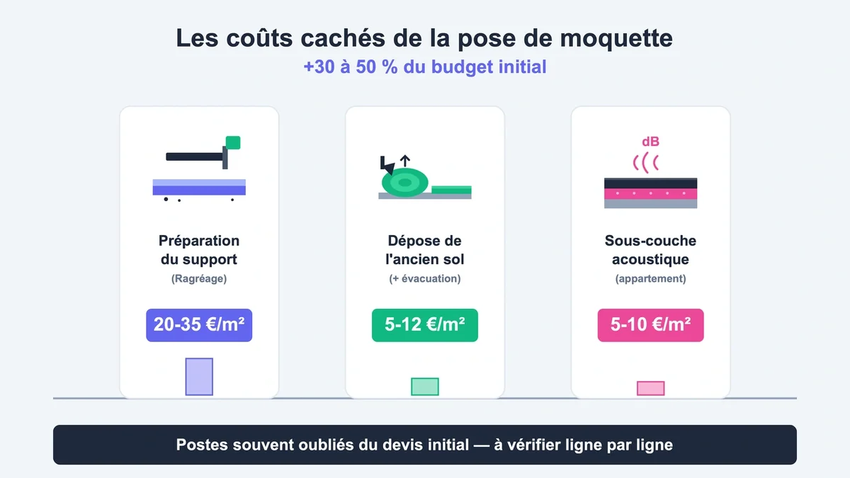 Schéma des coûts cachés pour l'installation de moquette avec icônes et barres de prix explicatives