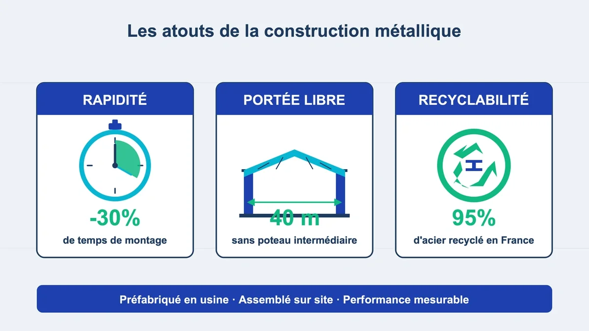 Pictogrammes représentant rapidité, portée libre et recyclabilité de la construction métallique