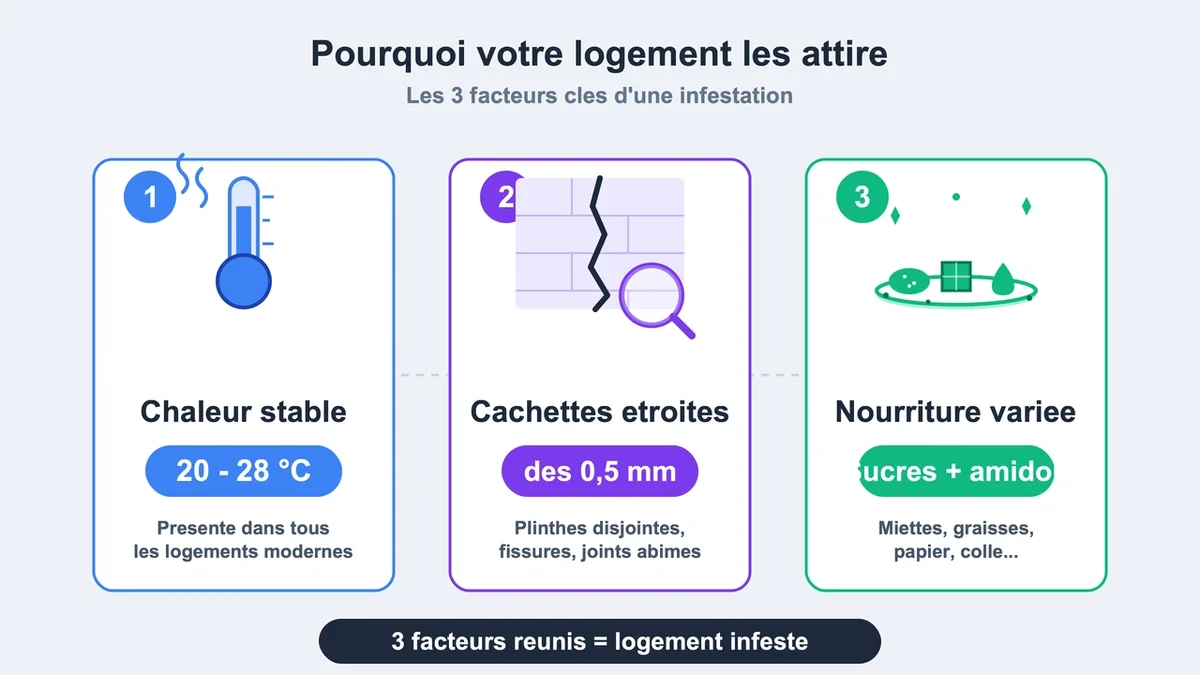 Schéma des trois facteurs attirant les insectes rampants dans un logement avec pictogrammes