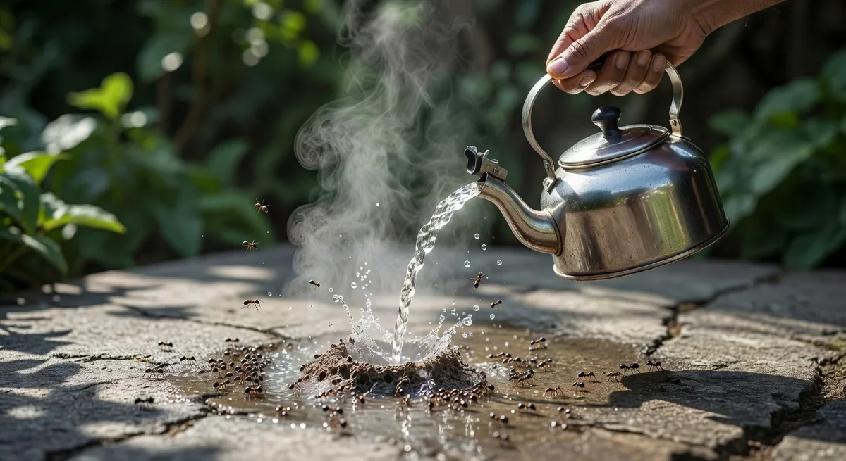 Une personne verse de l'eau bouillante sur un nid de fourmis sur une terrasse, illustrant un danger pour la colonie