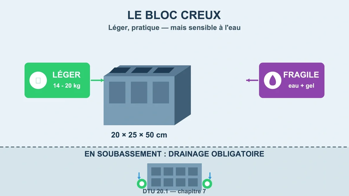 Bloc creux avec alvéoles et indications sur son utilisation en soubassement avec drainage