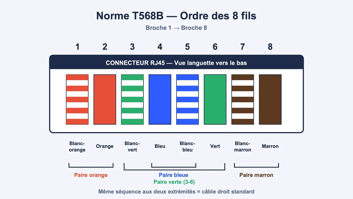 Schéma montrant l'ordre des couleurs selon la norme T568B pour le câblage Ethernet
