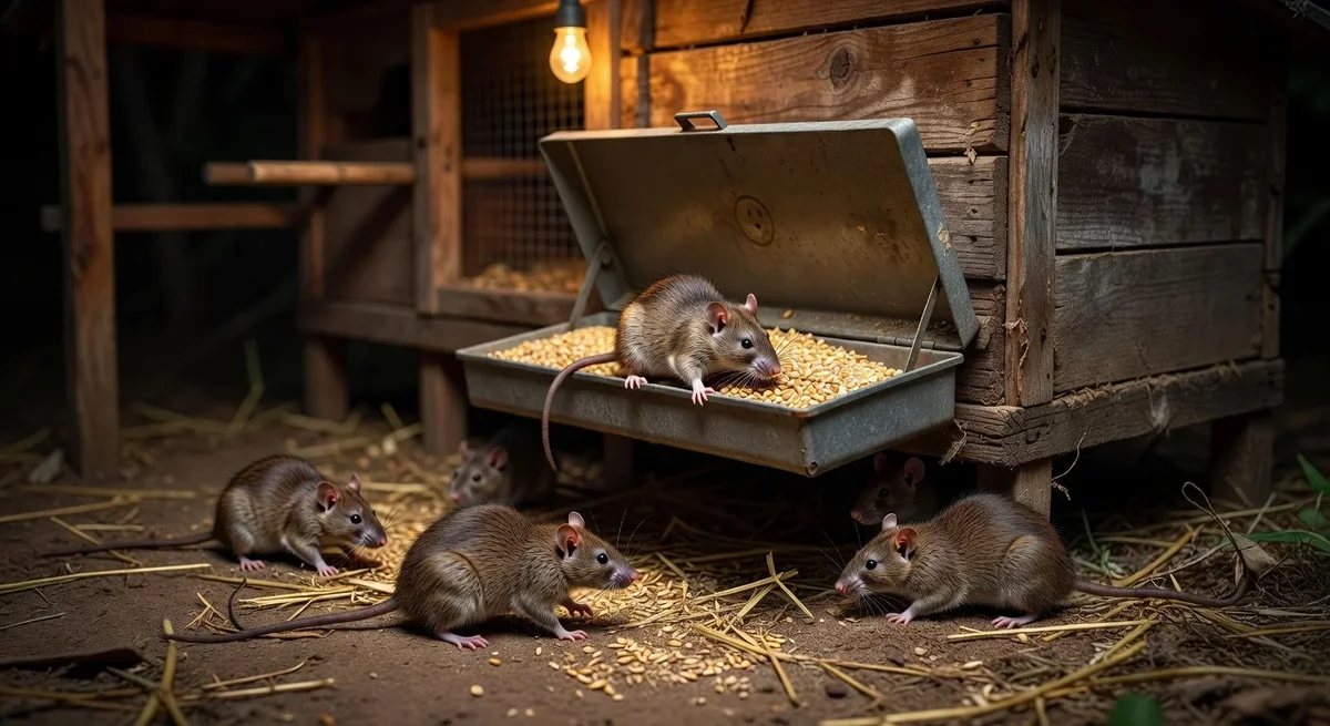 Rats attirés par une mangeoire ouverte dans un poulailler la nuit avec des lumières tamisées