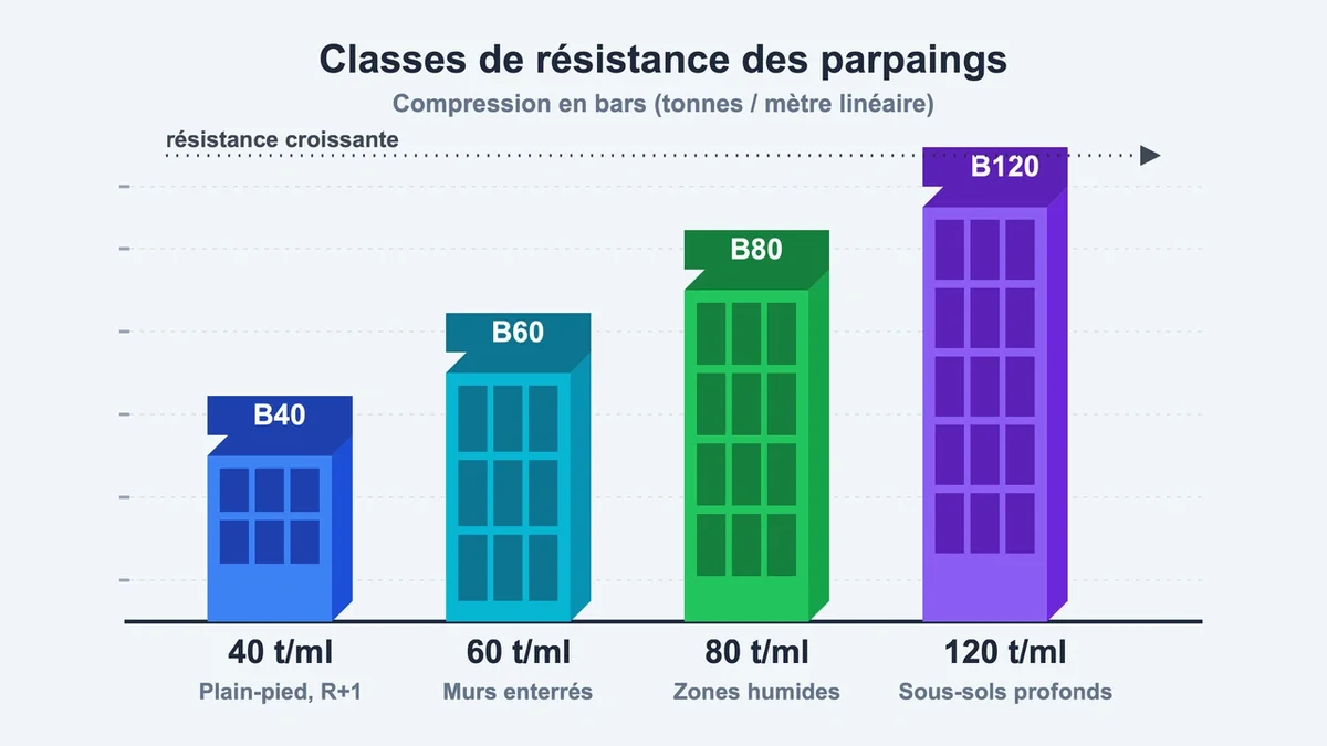 Graphique illustrant les classes de résistance des blocs de parpaing B40, B60, B80 et B120