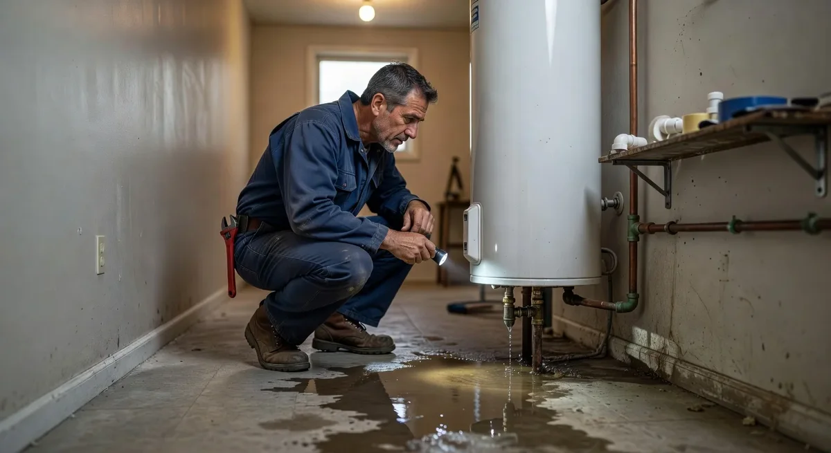 Installateur de plomberie inspectant un chauffe-eau fuyant dans un appartement avec une flaque d'eau au sol