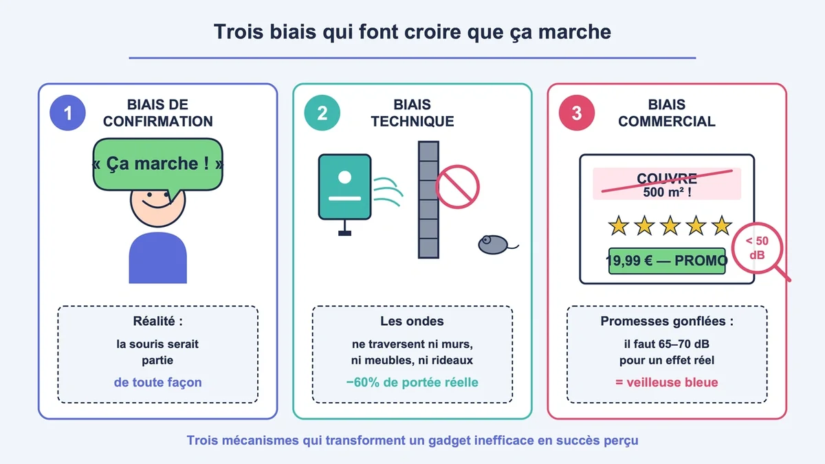 Schéma des biais cognitifs liés à l'efficacité des répulsifs à ultrasons avec utilisateurs et exemples visuels