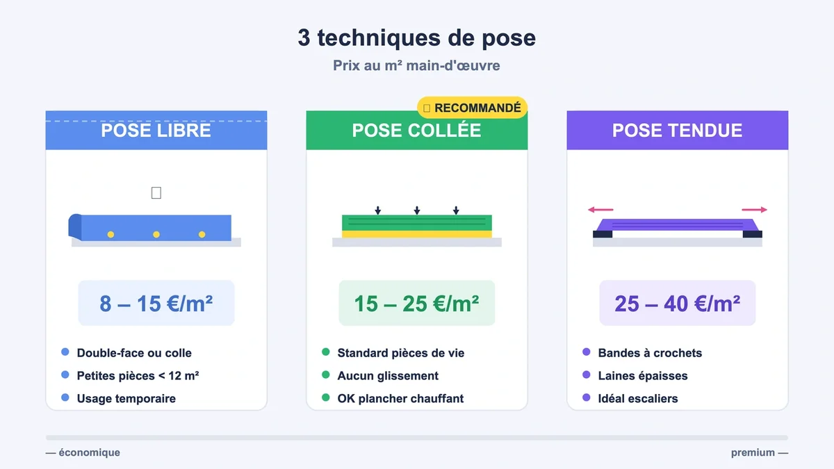 Comparaison visuelle des trois méthodes de pose de moquette avec étiquettes de prix distinctes