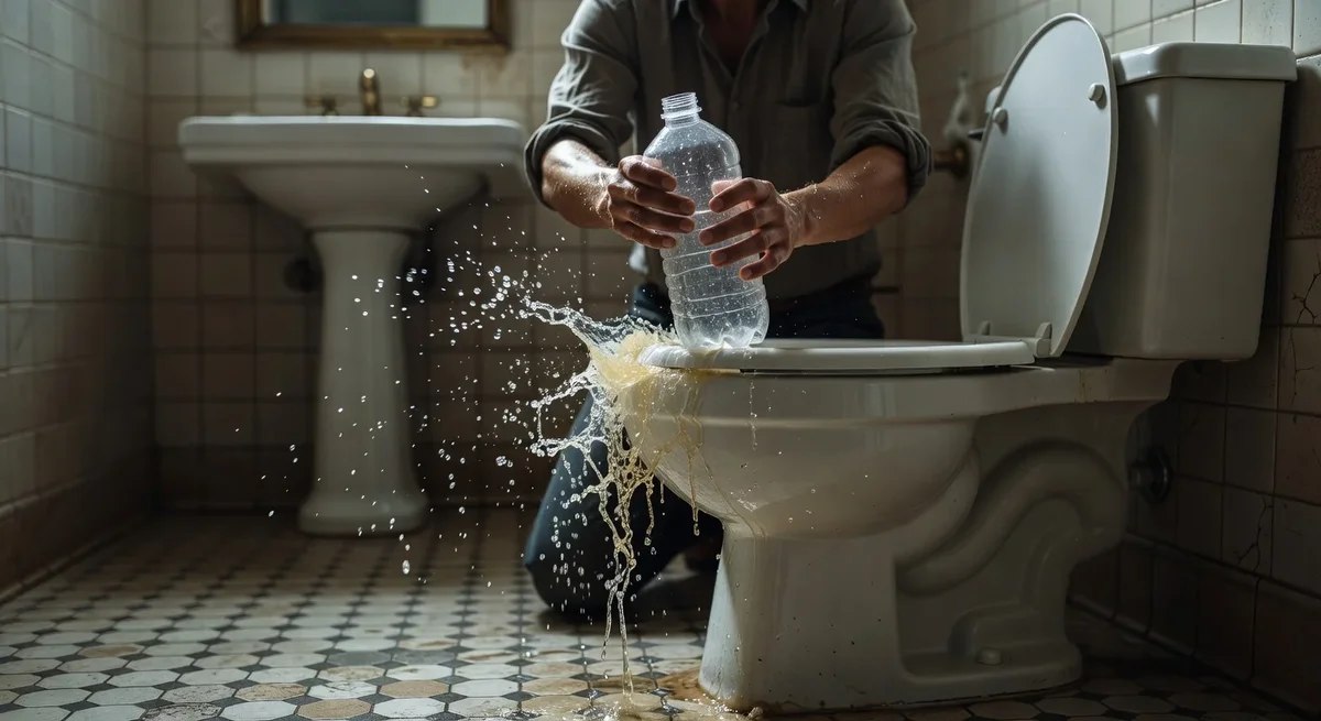 Personne utilisant une bouteille en plastique comme ventouse pour déboucher des toilettes dans une salle de bain clas...