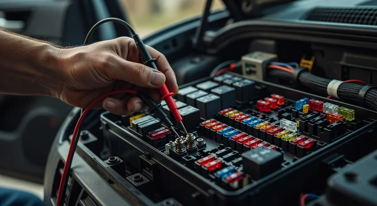 Main utilisant un multimètre pour tester un fusible dans un tableau électrique de voiture