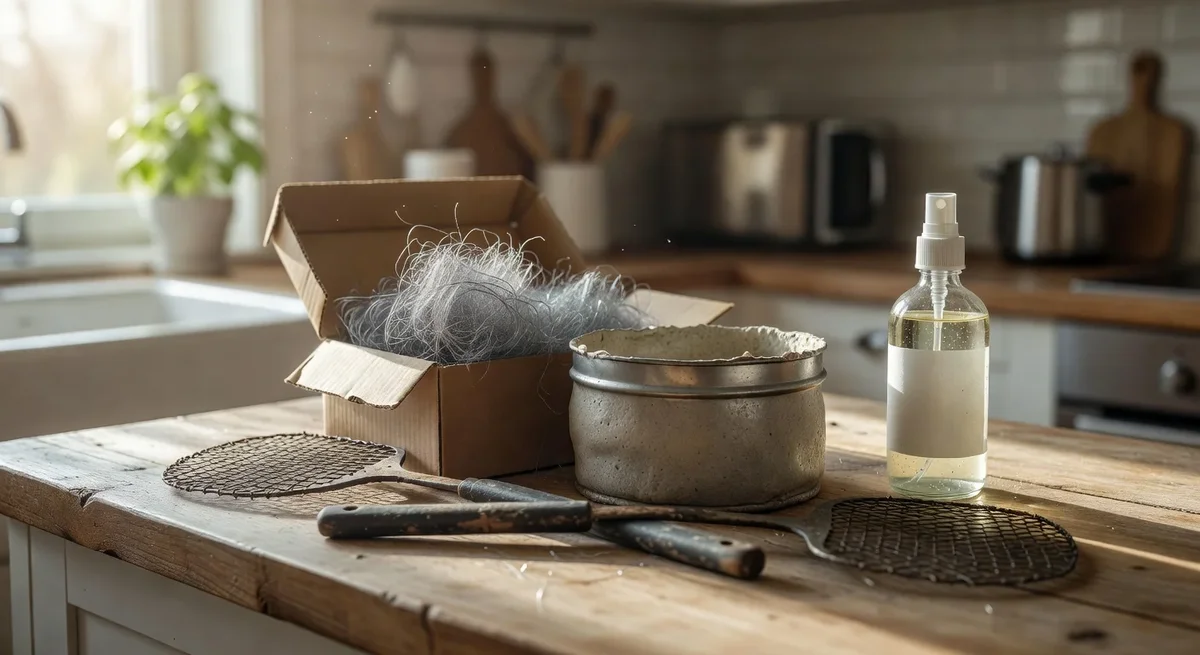 Kit de colmatage avec laine d'acier et mortier sur un plan de travail domestique