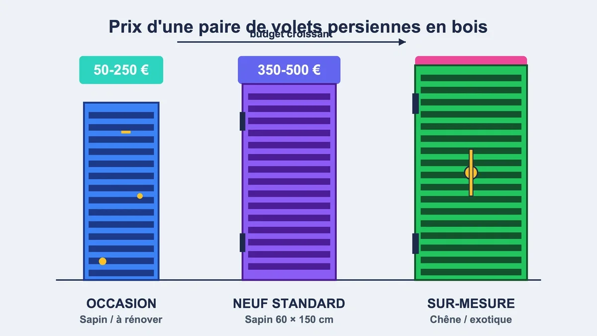 Différents volets persiennes en bois avec étiquettes de prix pour diverses dimensions et essences