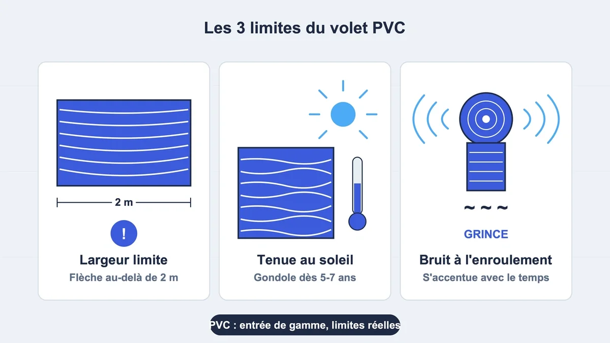 Rouleau de PVC déplié sur une surface avec des indications sur ses caractéristiques et limites
