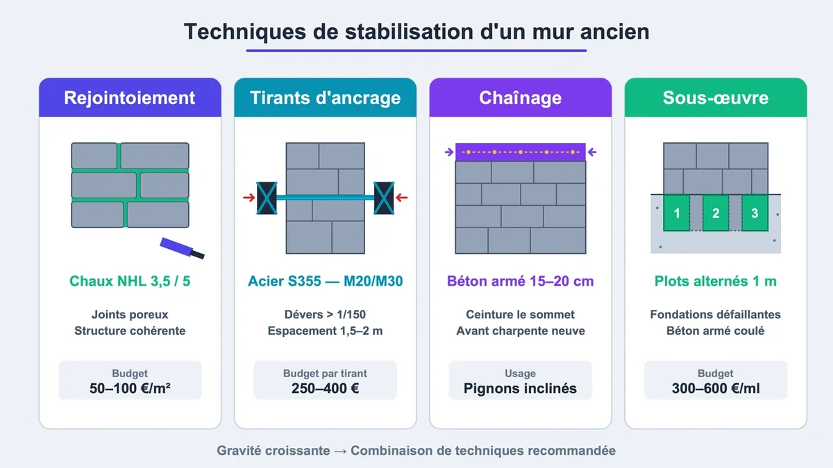 Diagramme montrant les techniques de stabilisation d'un mur ancien avec icônes explicatives