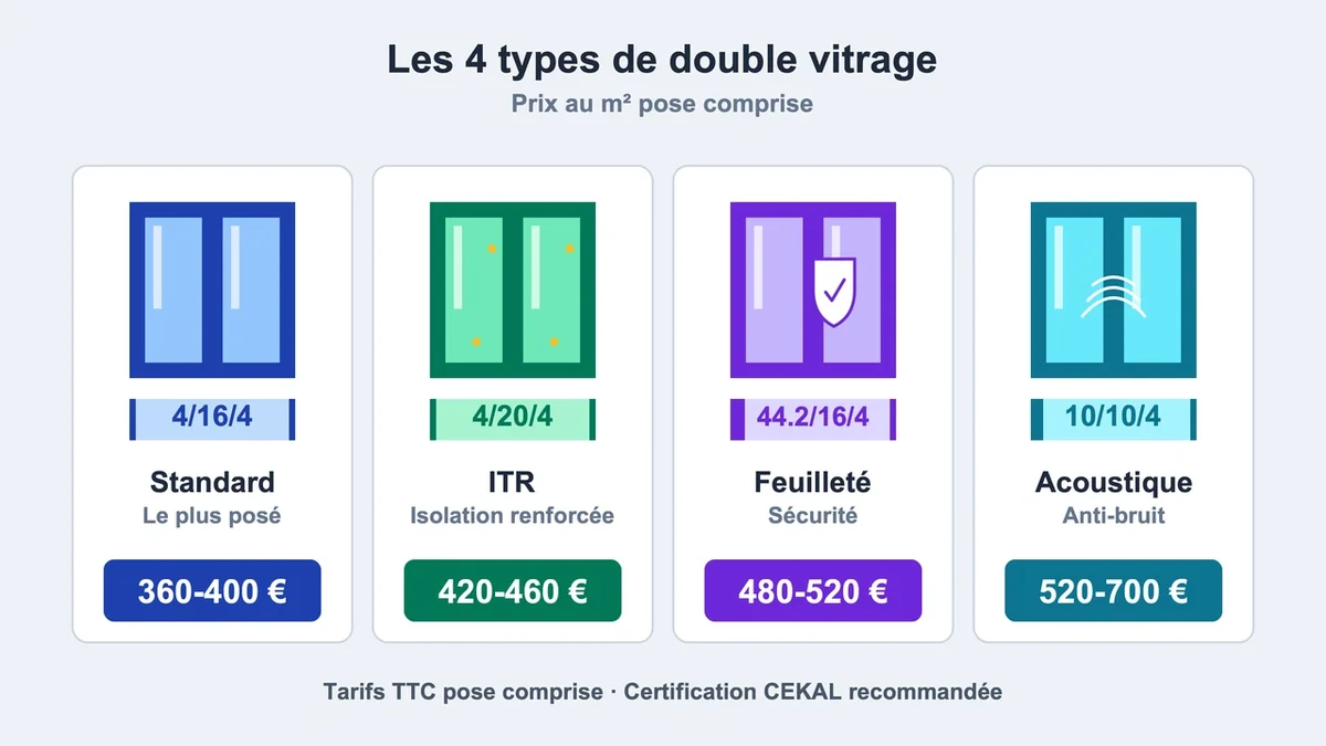 Diagramme illustrant les catégories de double vitrage avec prix: standard, thermique renforcé, feuilleté et acoustique
