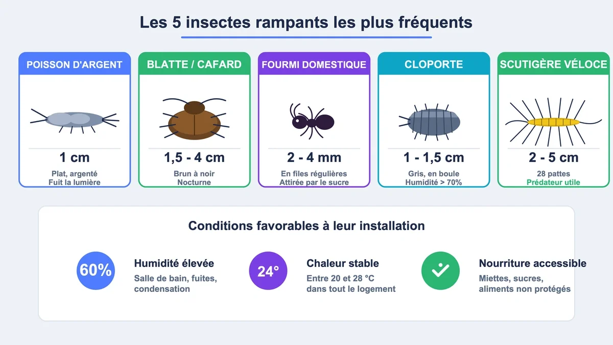 Schéma pédagogique présentant cinq espèces d'insectes rampants avec tailles et caractéristiques visuelles