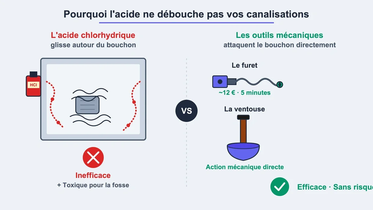 Schéma illustrant les causes de bouchons dans les canalisations avec cheveux, lingettes et outils de débouchage