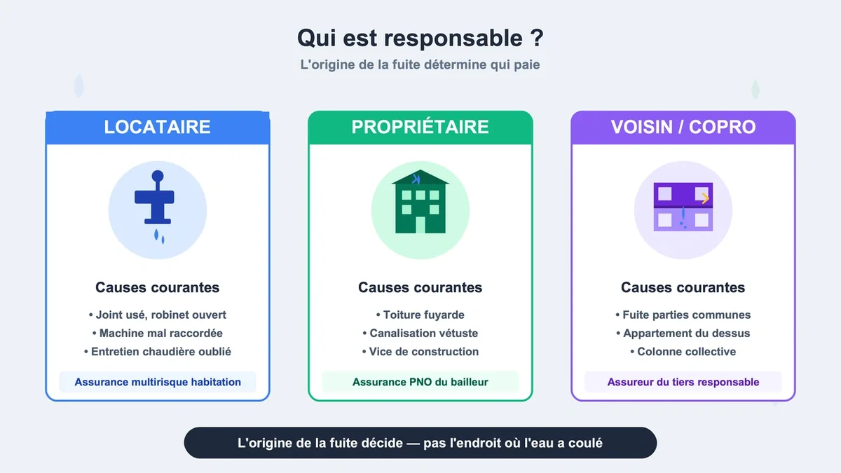 Schéma des responsabilités en cas de dégât des eaux avec pictogrammes de robinet, bâtiment et voisin