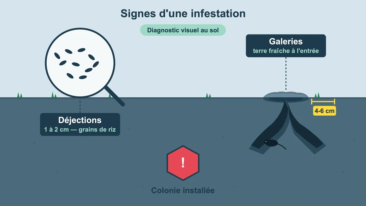 Déjections de rat et galeries visibles sous un poulailler indiquant une infestation
