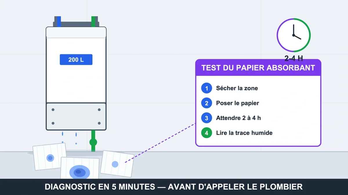 Papier absorbant placé sur un sol mouillé près d'un chauffe-eau pour détecter des fuites d'eau