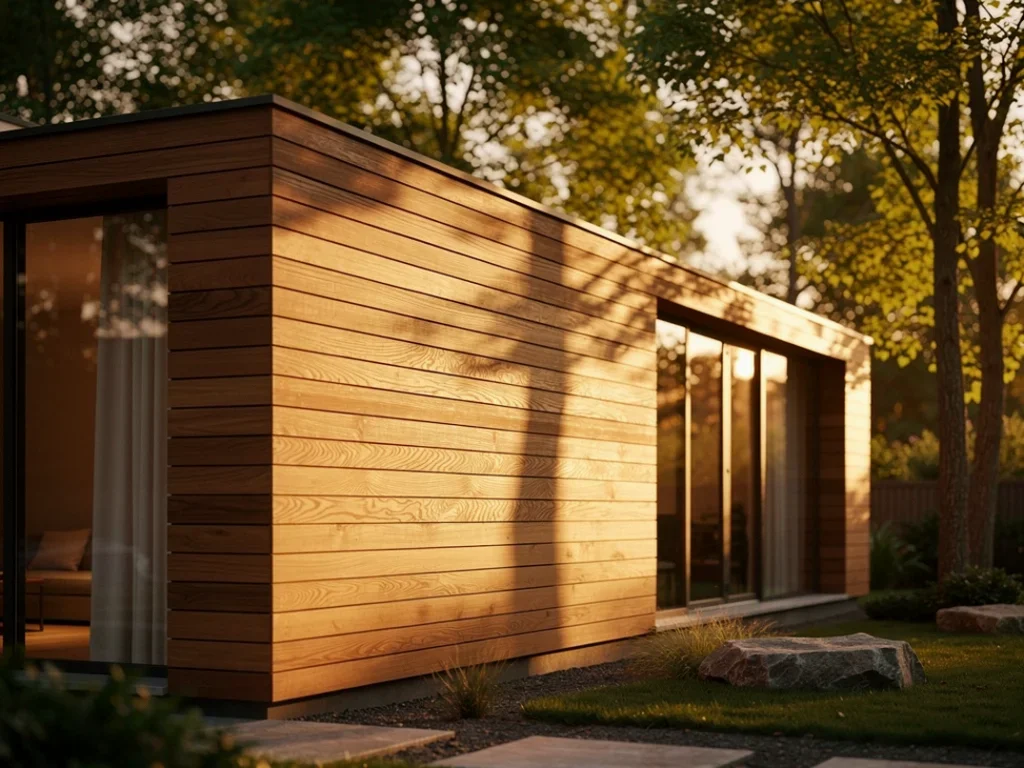 Revêtement en bois magnifiquement installé sur une maison, créant une ambiance chaleureuse et accueillante