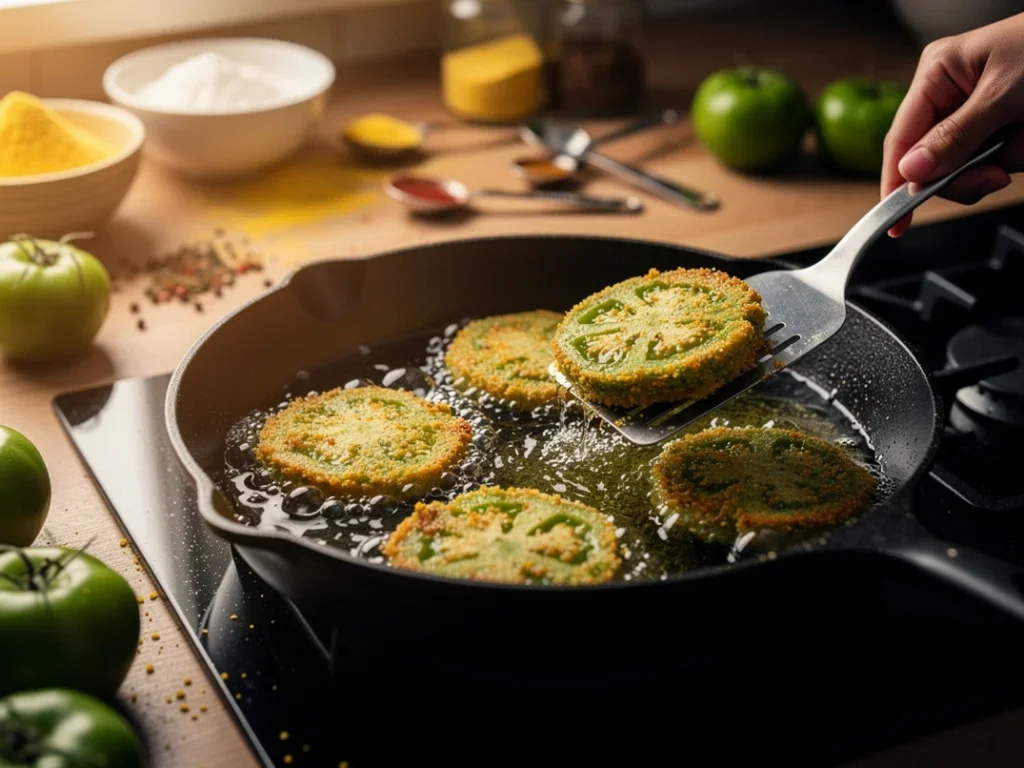 Beignets de tomates vertes en train de frémir dans l'huile avec des ingrédients colorés autour