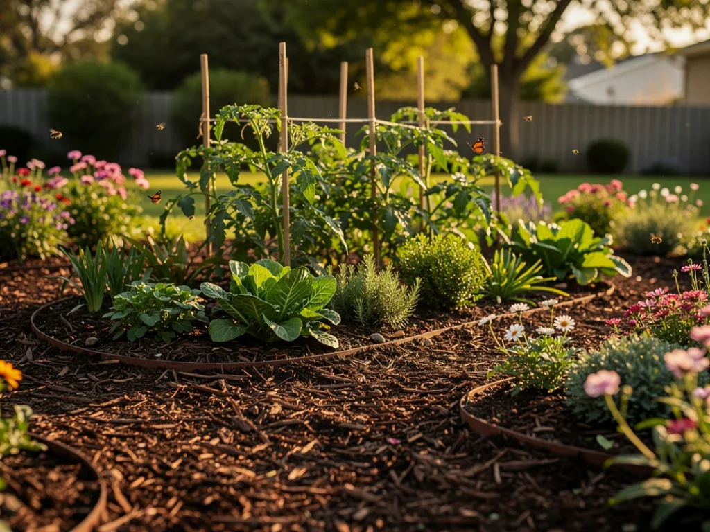 Jardin bien organisé avec un épais paillis organique et une variété de plantes sous le soleil