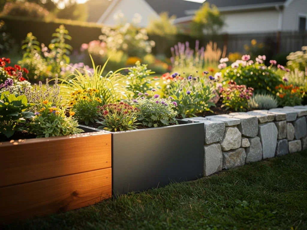 Jardin attrayant avec bordures en bois, métal et pierre, mettant en valeur des plantes éclatantes sous le soleil