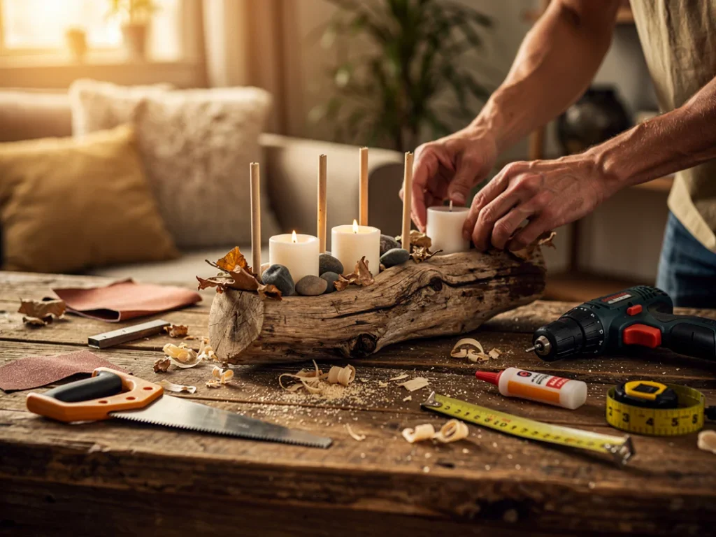 Atmosphère chaleureuse avec un porte-bougie en bois flotté en cours d'assemblage sur une table créative