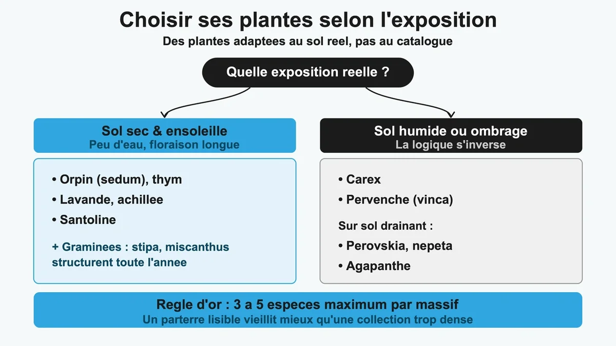 Massif de fleurs résistantes à la sécheresse dans un jardin ensoleillé et autonome