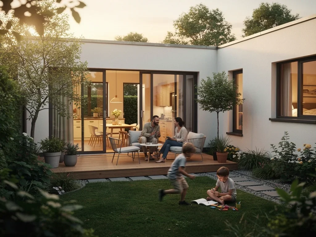 Une famille profitant de leur jardin dans une maison moderne en L sur un terrain étroit