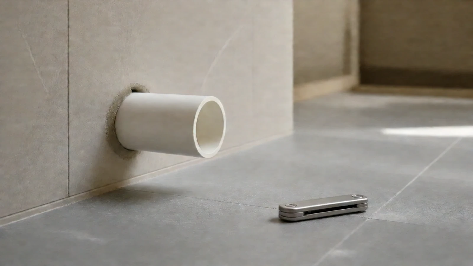 Pipe d'évacuation en PVC sortant du mur d'une salle d'eau en travaux, sans cuvette