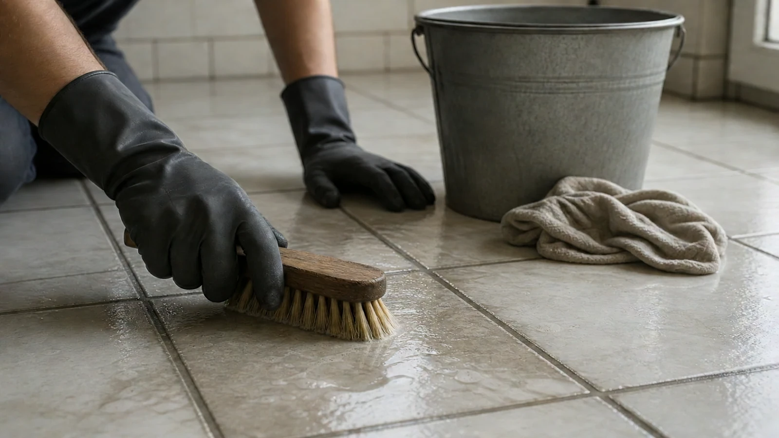 Mains gantées frottant un carrelage de sol à la brosse dans une eau savonneuse, seau posé à côté