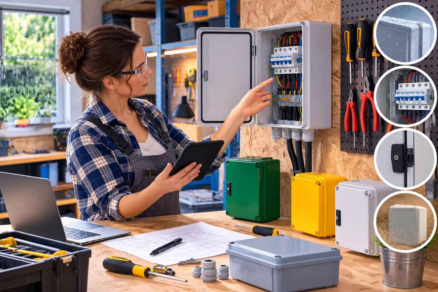 Coffret électrique extérieur ouvert dans un atelier, avec plusieurs boîtiers étanches de différentes couleurs